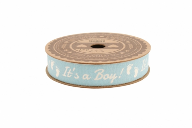 Picture of "It's a boy!" blue & white 5m cotton ribbon