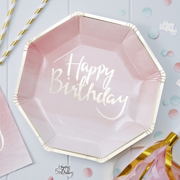 Picture of Gold Foiled Pink Ombre Happy Birthday Paper Plates (24,5cm.)