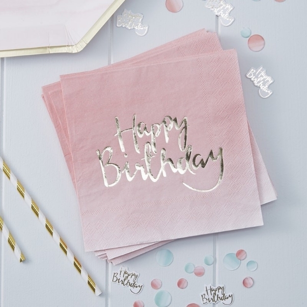 Picture of Paper Napkins - Gold Foiled Pink Ombre Happy Birthday 