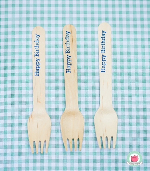 Picture of Wooden forks 16cm HAPPY BIRTHDAY blue
