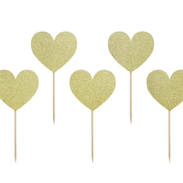 Διακοσμητικά sticks για cupcakes - Χρυσές γκλίτερ καρδιές (6τμχ)