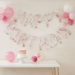Μπαλόνια σετ HAPPY BIRTHDAY διάφανα με ροζ ιριδίζον γκλίτερ