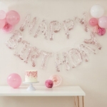 Picture of Happy Birthday Balloon Banner - Clear with pink iridescent shimmer