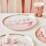 Χάρτινα πιάτα φαγητού - Happy Birthday ombre ροζ χρυσό (8τμχ)