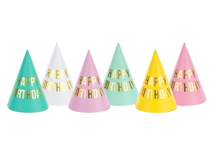 Show details for Party hats - Happy Birthday mix (6pcs) Picture of Party hats - Happy Birthday mix (6pcs)