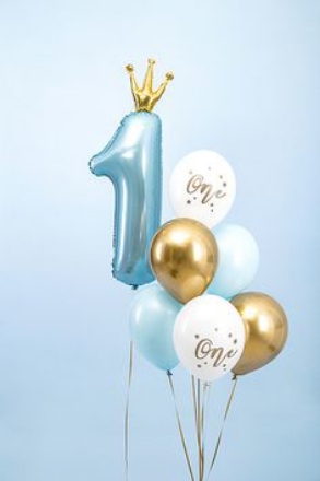 Show details for Balloon bouquet  filled with helium - One light blue (6pcs + number 1 with crown) Picture of Balloon bouquet  filled with helium - One light blue (6pcs + number 1 with crown)