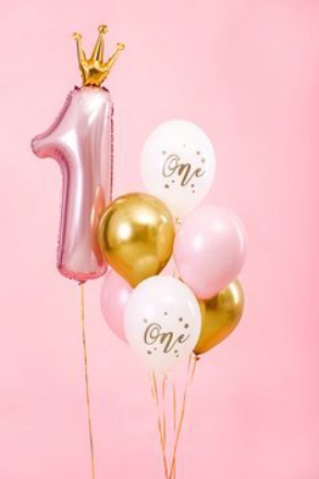 Show details for Balloon bouquet  filled with helium - One pink (6pcs + number 1 with crown) Picture of Balloon bouquet  filled with helium - One pink (6pcs + number 1 with crown)