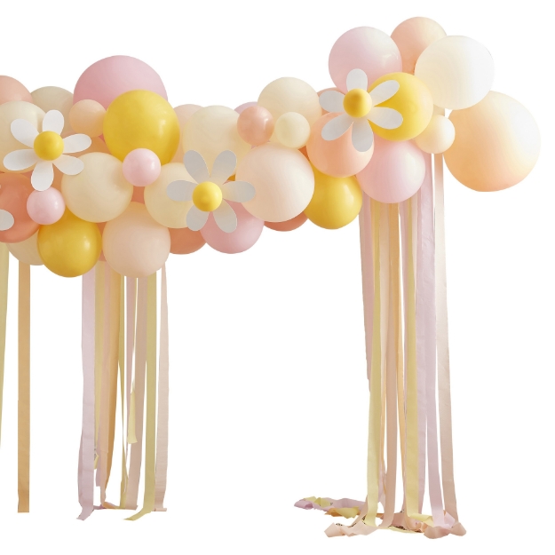 Picture of Party Backdrop with balloons, streamers and daisies