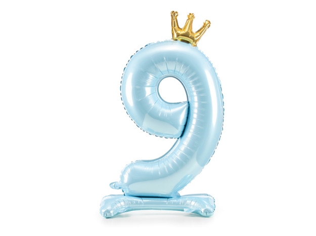 Picture of Foil Balloon Standing Number 9 Light blue with crown 84cm