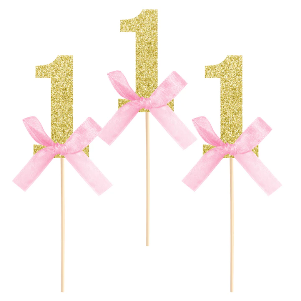 Διακοσμητικά sticks για cupcakes - Αριθμός 1 με ροζ φιόγκο