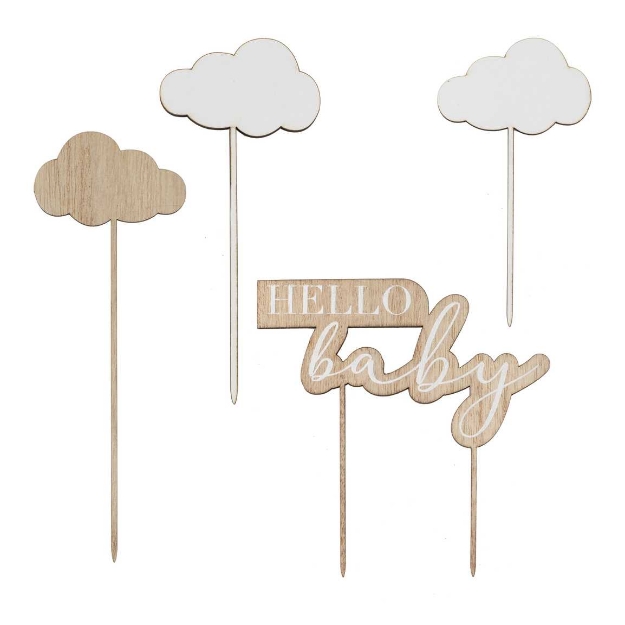 Picture of Wooden Hello Baby and Clouds Baby Shower Cake Topper
