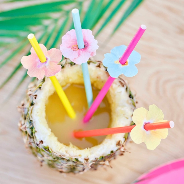 Picture of Hawaiian Paper Party Straws with Flower Toppers (16pcs)