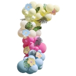 Picture of Blue, Pink, Green & Yellow Hawaiian Tiki Balloon Arch with Tropical Flowers and Foliage