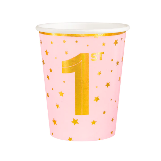 Χάρτινα ποτήρια - 1st Birthday ροζ (6τμχ)