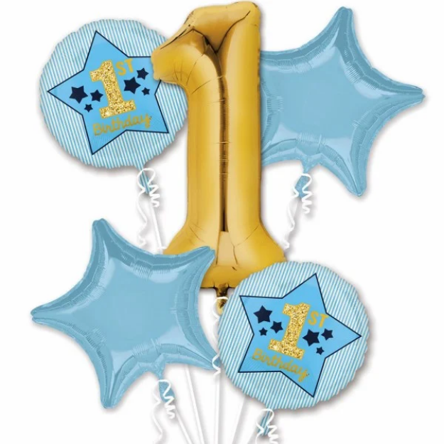 Picture of Balloon bouquet filled with helium - 1st birthday blue (5 balloons)