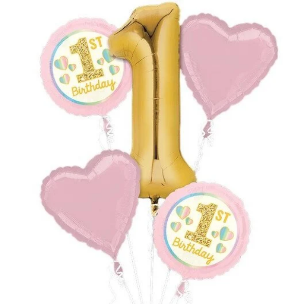 Σύνθεση μπαλονιών με ήλιο - 1st birthday Ροζ (5 μπαλόνια) 