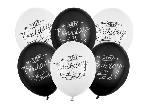 Σύνθεση μπαλονιών με ήλιο - Happy birthday άσπρο-μαύρο (6 μπαλόνια) 