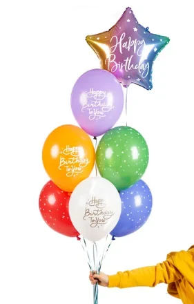 Show details for Balloon bouquet  filled with helium -Happy birthday colorful (6 latex + 1 foil star) Picture of Balloon bouquet  filled with helium -Happy birthday colorful (6 latex + 1 foil star)