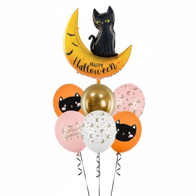 Σύνθεση μπαλονιών με ήλιο - Halloween Γατούλα  (6τμχ latex + 1 foil γατούλα)