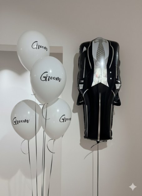 Σύνθεσεις μπαλονιών με ήλιο - Groom και κοστούμι γαμπρού (5τμχ latex + 1 foil κοστούμι)