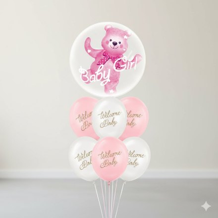 Show details for Balloon bouquet  filled with helium - Baby girl bear (1 orbz with bear + 6pcs latex) Picture of Balloon bouquet  filled with helium - Baby girl bear (1 orbz with bear + 6pcs latex)