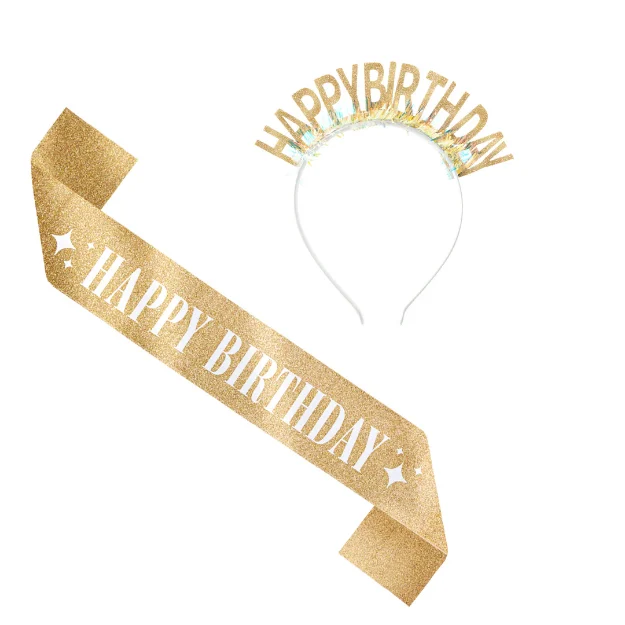 Picture of Happy Birthday sash and headband gold - set