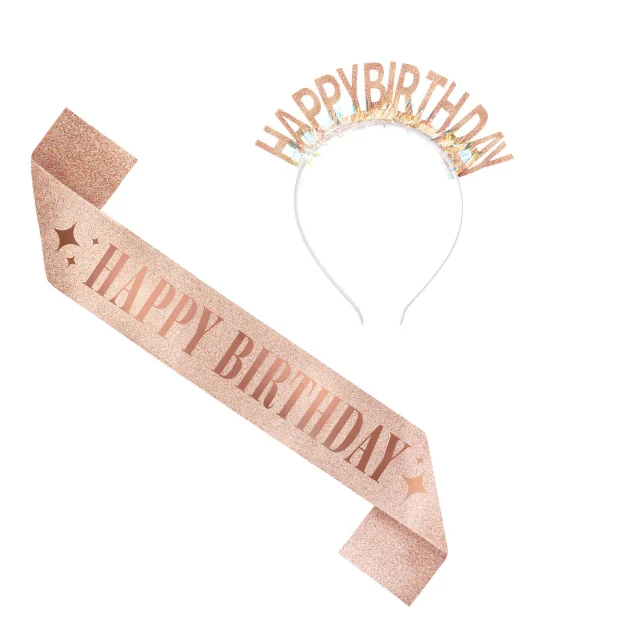 Picture of Happy Birthday sash and headband rose gold - set